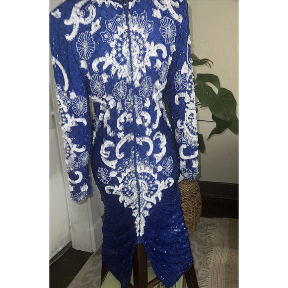 vtg Eves Allure Dress Blue Silk Sequins Beaded 90s Formal small gorgeous - Picture 7 of 10